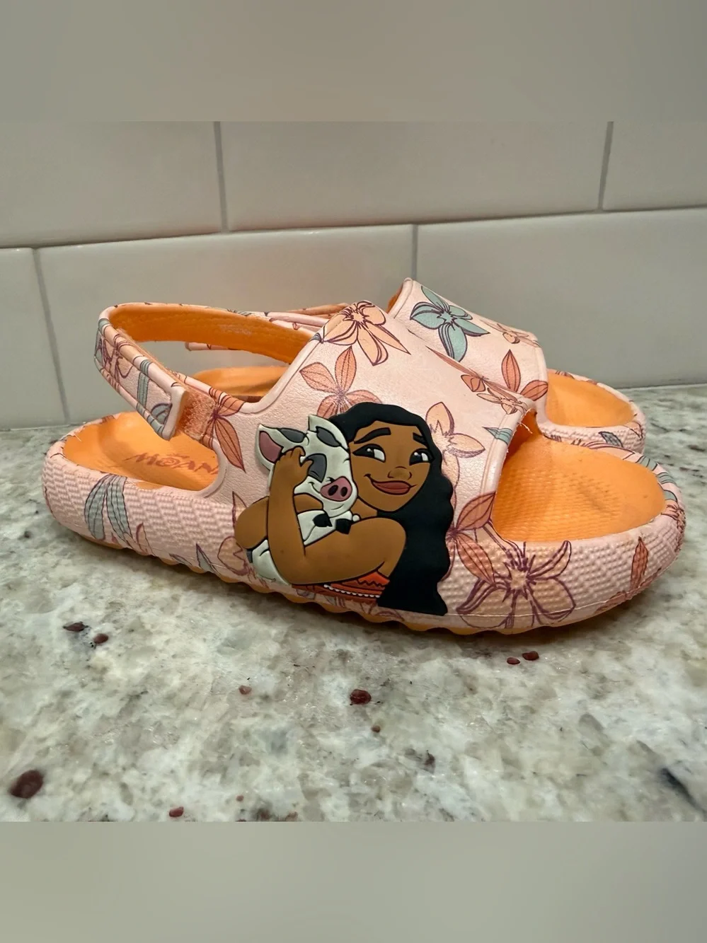 Girls' Disney Princess Moana Slide Sandals, Size 7/8- Pink & Orange NWOT